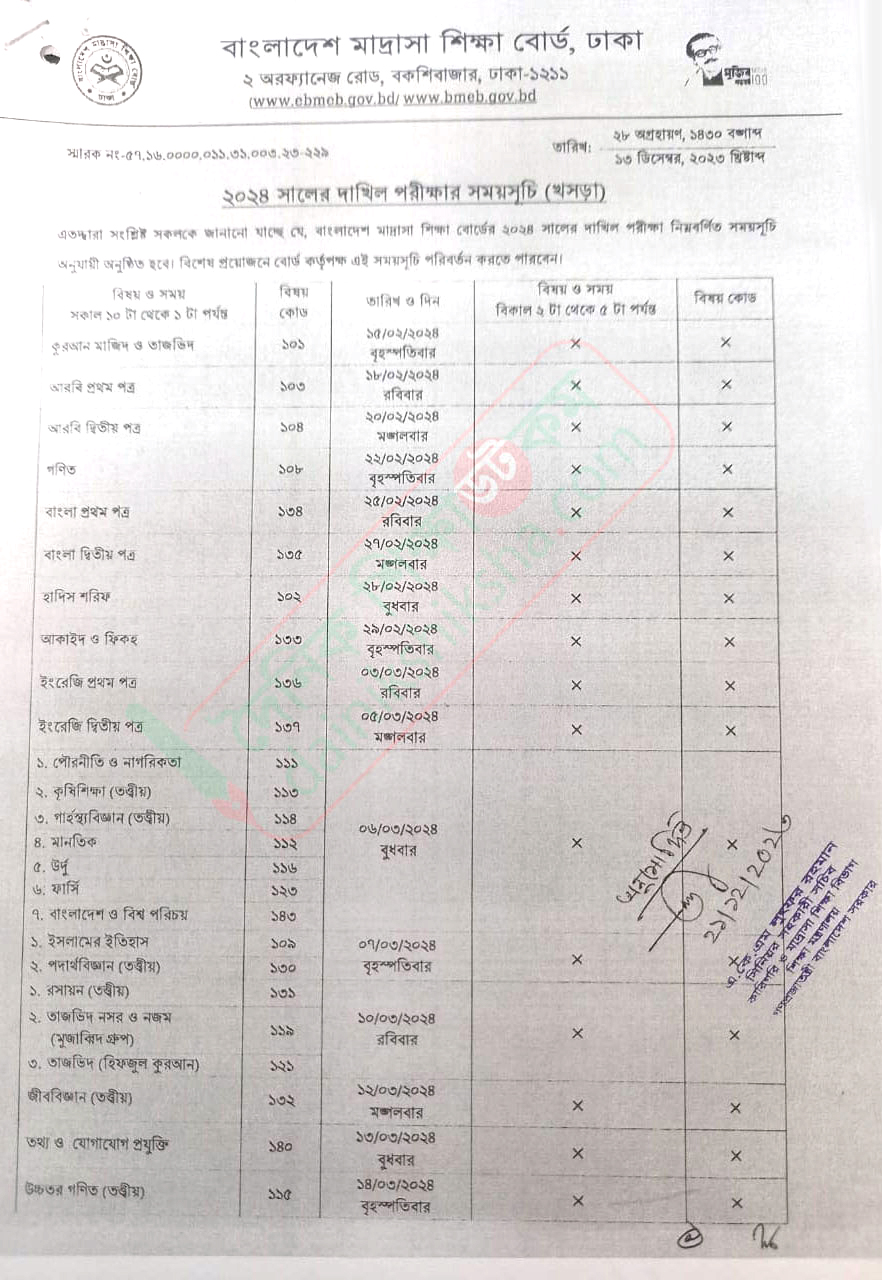 Dakhil Exam Routine 2024